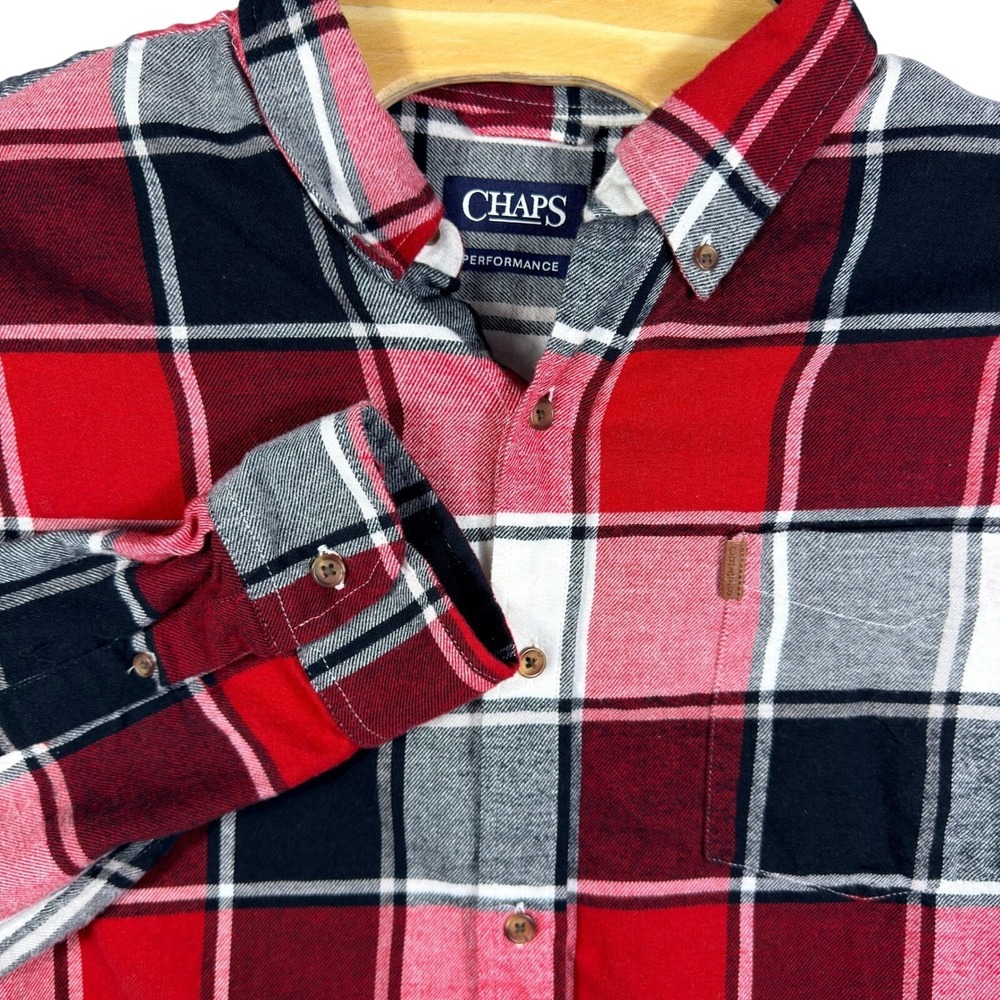 Chaps Performance Button Down Shirt Mens XL Red Plaid‎ Long Sleeve Cotton
